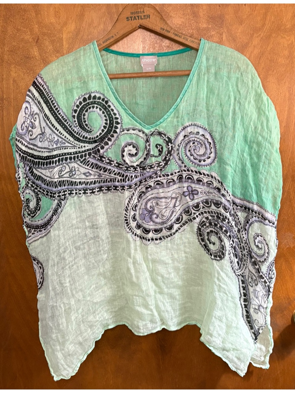 Chico's Green Tie Dye Paisley Linen Poncho Top Lightweight Lagenlook Beachy Boho